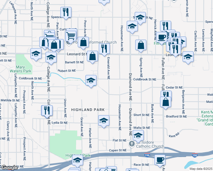 map of restaurants, bars, coffee shops, grocery stores, and more near 1005 Emerald Avenue Northeast in Grand Rapids