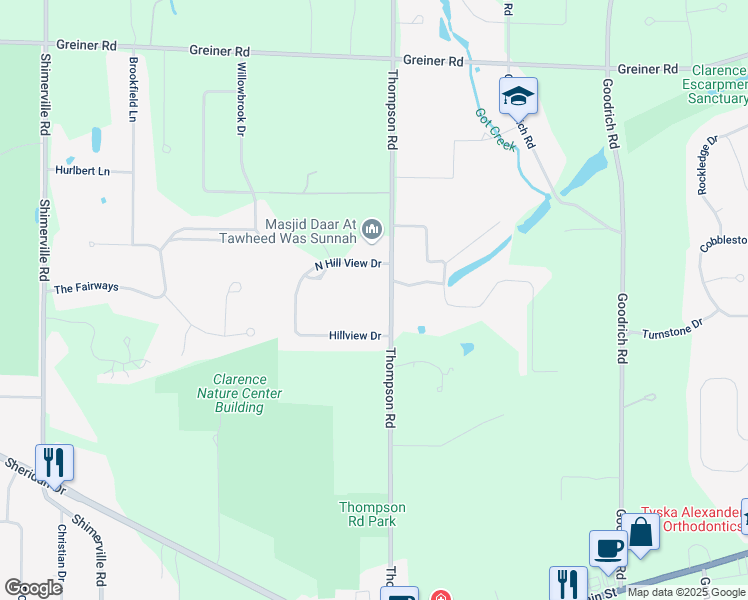 map of restaurants, bars, coffee shops, grocery stores, and more near 4930 Thompson Rd in Clarence