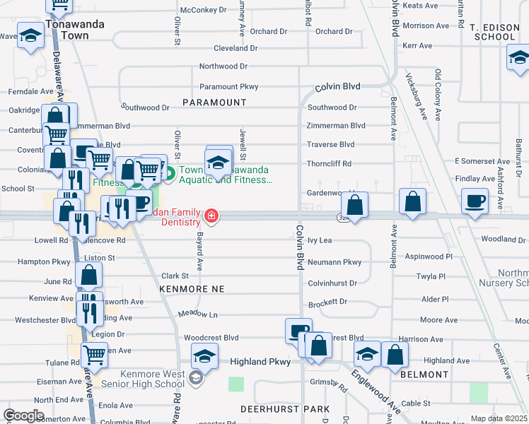 map of restaurants, bars, coffee shops, grocery stores, and more near 1972 Sheridan Drive in Buffalo