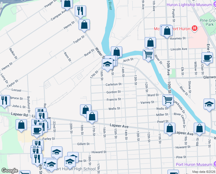 map of restaurants, bars, coffee shops, grocery stores, and more near 208 16th Street in Port Huron