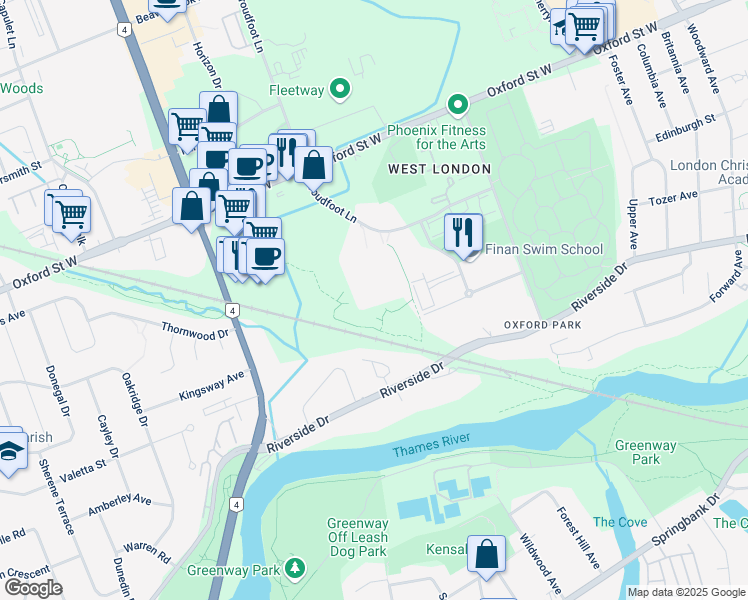 map of restaurants, bars, coffee shops, grocery stores, and more near 595 Proudfoot Lane in London