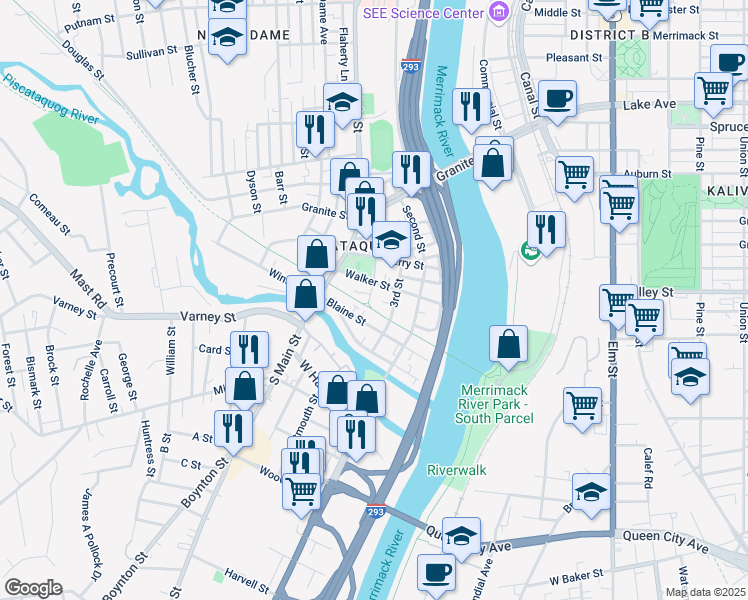 map of restaurants, bars, coffee shops, grocery stores, and more near 104 Fourth Street in Manchester