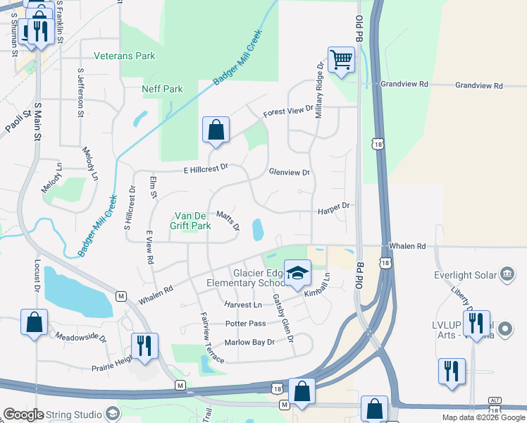 map of restaurants, bars, coffee shops, grocery stores, and more near 550 Harper Drive in Verona