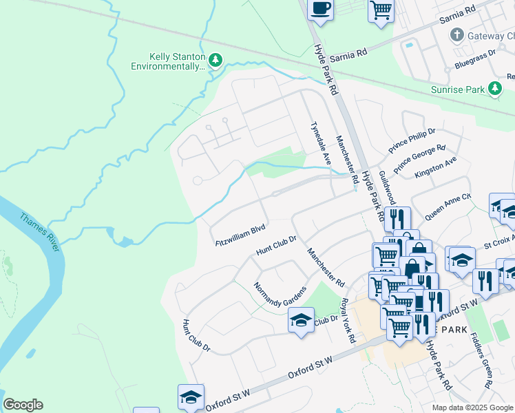 map of restaurants, bars, coffee shops, grocery stores, and more near 75 Fitzwilliam Boulevard in London