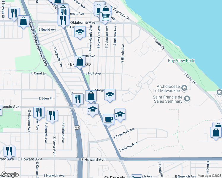 map of restaurants, bars, coffee shops, grocery stores, and more near 3474 South Indiana Avenue in Milwaukee