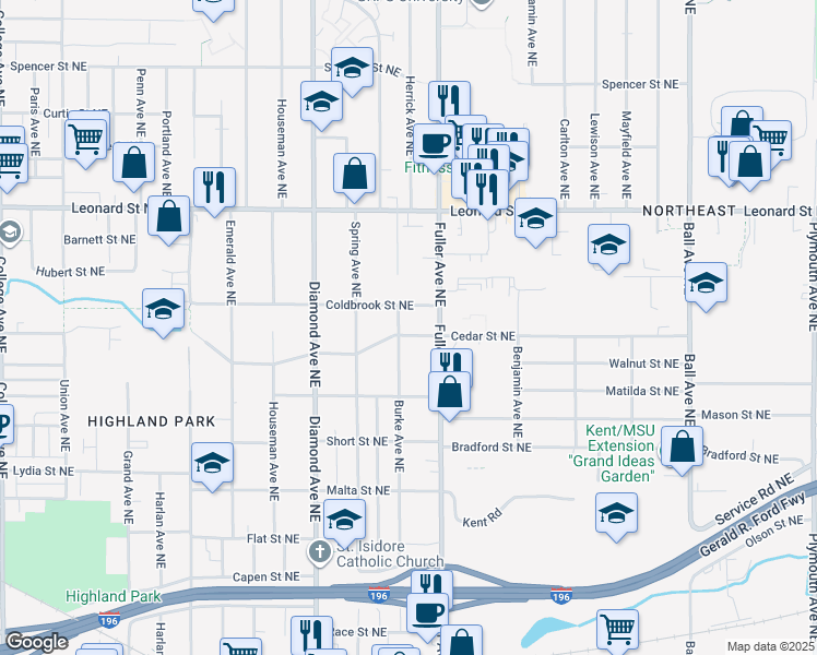 map of restaurants, bars, coffee shops, grocery stores, and more near 1107 Carrier Creek Boulevard Northeast in Grand Rapids