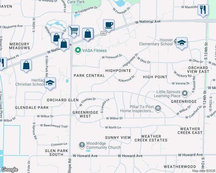 map of restaurants, bars, coffee shops, grocery stores, and more near 13525 Terrywood Court in New Berlin