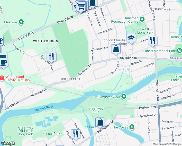 map of restaurants, bars, coffee shops, grocery stores, and more near 311 Maurice Street in London