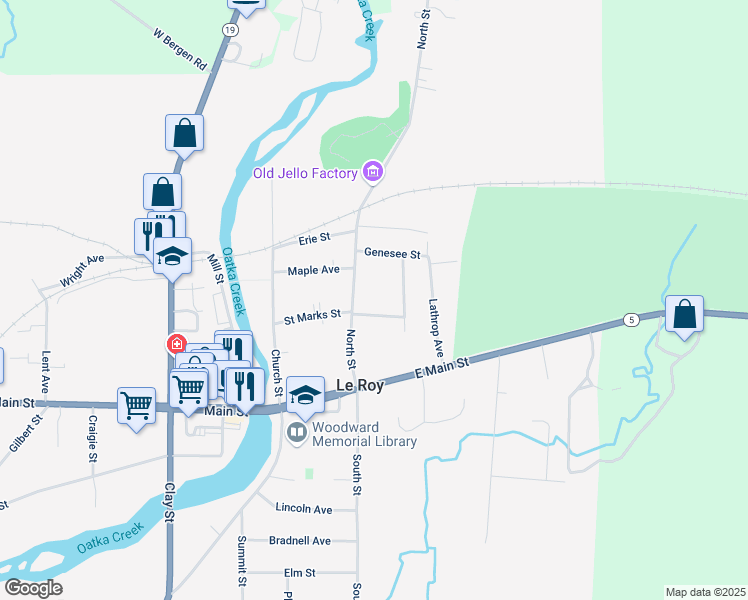 map of restaurants, bars, coffee shops, grocery stores, and more near 26 North Street in Le Roy