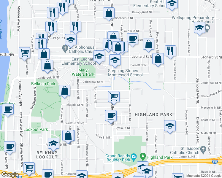 map of restaurants, bars, coffee shops, grocery stores, and more near 455 Cedar Street Northeast in Grand Rapids