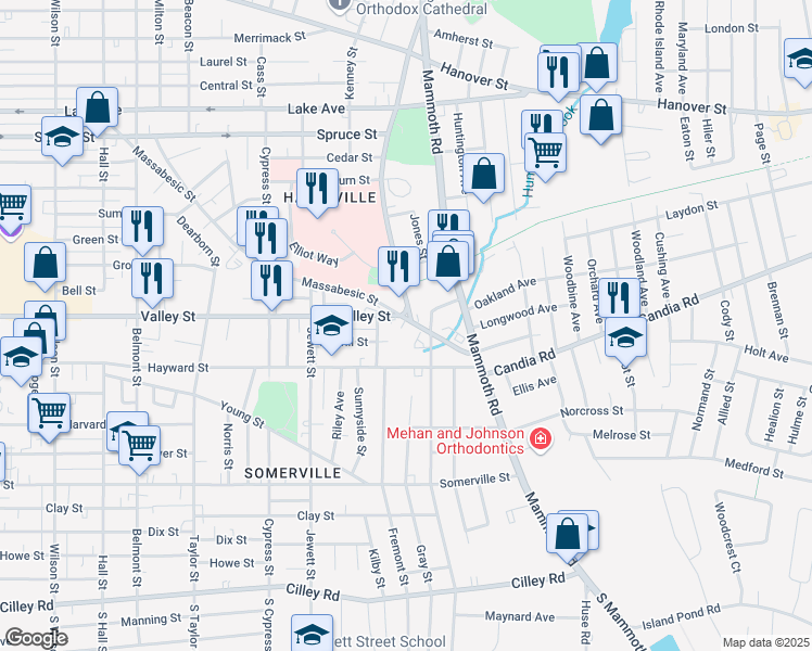 map of restaurants, bars, coffee shops, grocery stores, and more near 683 Massabesic Street in Manchester