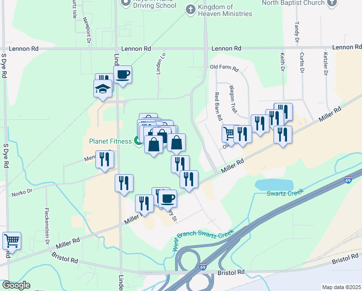 map of restaurants, bars, coffee shops, grocery stores, and more near 3535 Linden Road in Flint