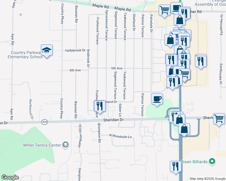 map of restaurants, bars, coffee shops, grocery stores, and more near 178 Sagewood Terrace in Buffalo