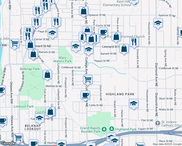 map of restaurants, bars, coffee shops, grocery stores, and more near 519 Cedar Street Northeast in Grand Rapids