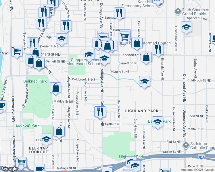 map of restaurants, bars, coffee shops, grocery stores, and more near 527 Cedar Street Northeast in Grand Rapids