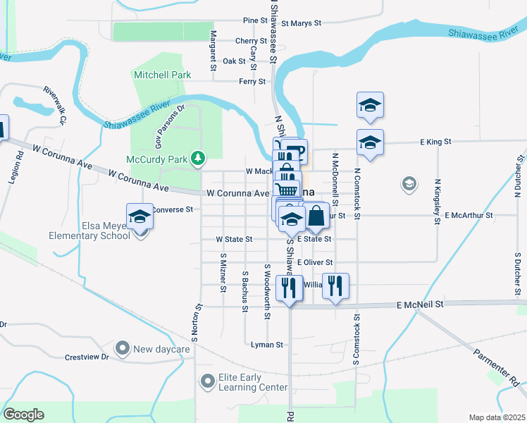 map of restaurants, bars, coffee shops, grocery stores, and more near 201 North Woodworth Street in Corunna