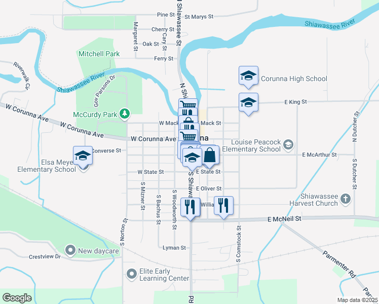 map of restaurants, bars, coffee shops, grocery stores, and more near 201 North Shiawassee Street in Corunna