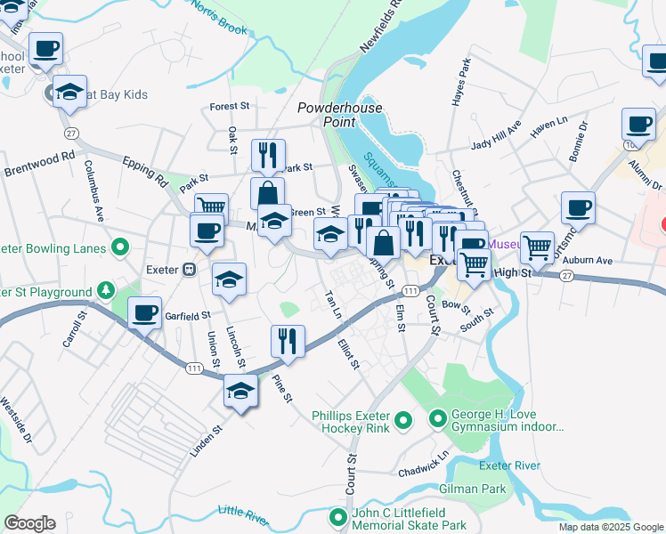 map of restaurants, bars, coffee shops, grocery stores, and more near 20 Main Street in Exeter