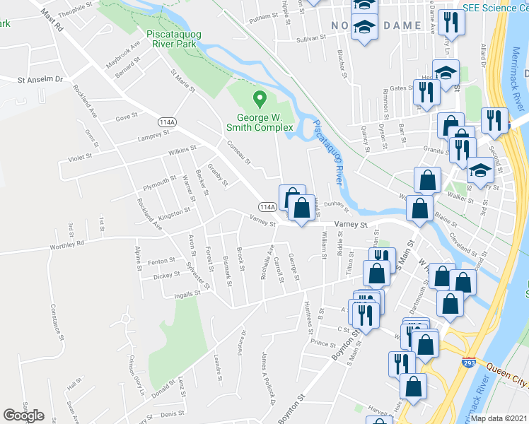 map of restaurants, bars, coffee shops, grocery stores, and more near 58 Mast Road in Manchester