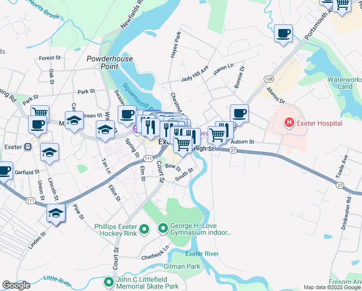map of restaurants, bars, coffee shops, grocery stores, and more near in Exeter