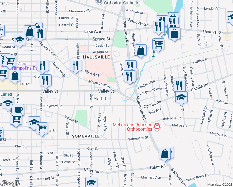 map of restaurants, bars, coffee shops, grocery stores, and more near 683 Massabesic Street in Manchester