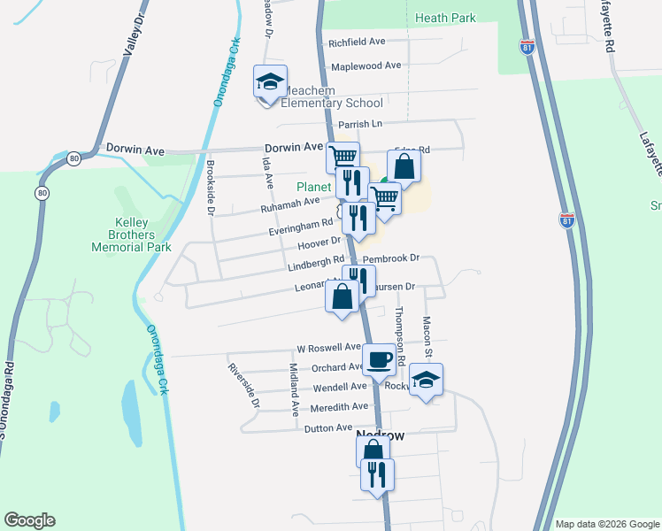 map of restaurants, bars, coffee shops, grocery stores, and more near 6136-61 South Salina Street in Syracuse