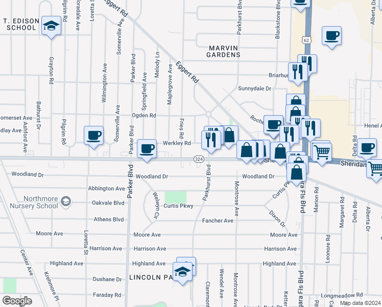 map of restaurants, bars, coffee shops, grocery stores, and more near 2732 Sheridan Drive in Tonawanda