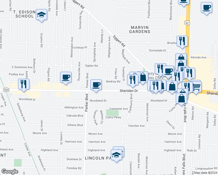 map of restaurants, bars, coffee shops, grocery stores, and more near 2690 Sheridan Drive in Tonawanda