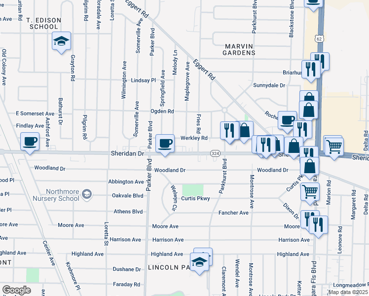 map of restaurants, bars, coffee shops, grocery stores, and more near 2690 Sheridan Drive in Tonawanda