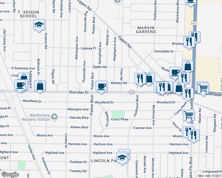 map of restaurants, bars, coffee shops, grocery stores, and more near 2652 Sheridan Drive in Tonawanda