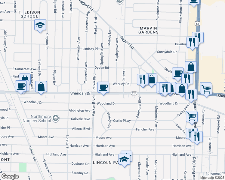 map of restaurants, bars, coffee shops, grocery stores, and more near 2652 Sheridan Drive in Tonawanda