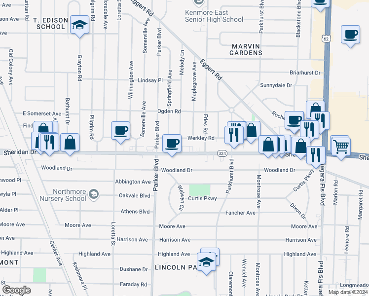 map of restaurants, bars, coffee shops, grocery stores, and more near 2652 Sheridan Drive in Tonawanda