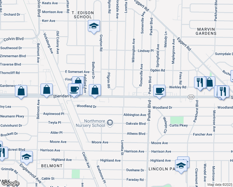 map of restaurants, bars, coffee shops, grocery stores, and more near 2494 Sheridan Drive in Tonawanda
