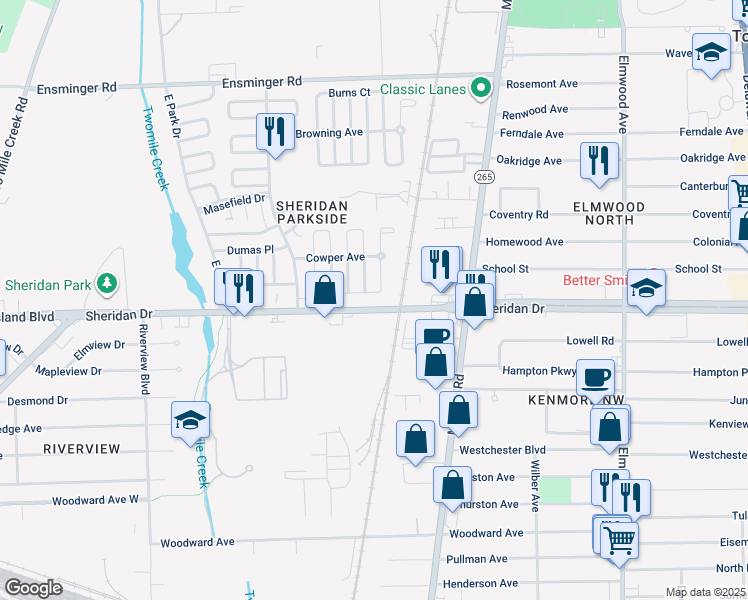 map of restaurants, bars, coffee shops, grocery stores, and more near 101-111 Cobb Street in Tonawanda