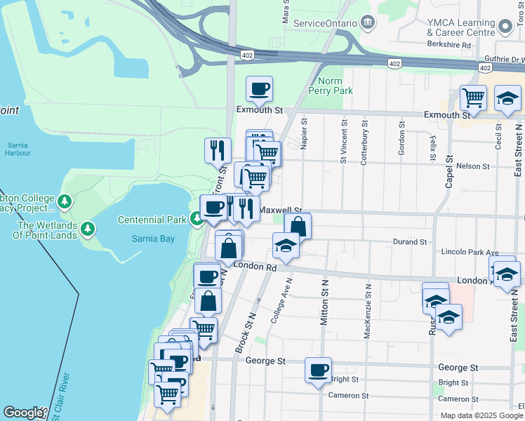 map of restaurants, bars, coffee shops, grocery stores, and more near 442 Christina Street North in Sarnia