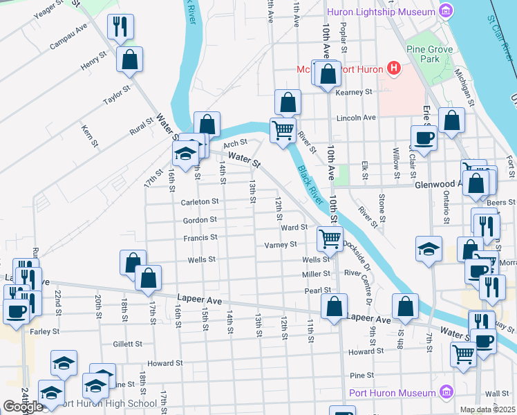 map of restaurants, bars, coffee shops, grocery stores, and more near 230 13th Street in Port Huron