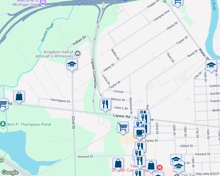 map of restaurants, bars, coffee shops, grocery stores, and more near 645 Lorry Drive in Port Huron