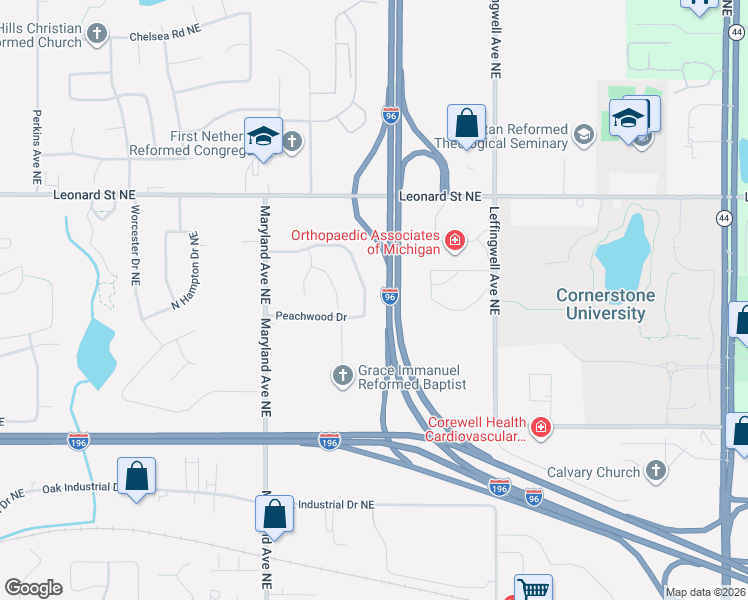 map of restaurants, bars, coffee shops, grocery stores, and more near 2562 Orchard View Drive Northeast in Grand Rapids