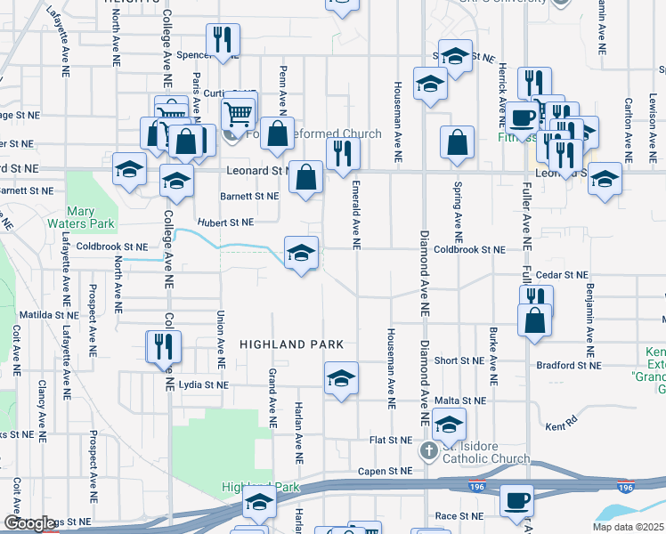 map of restaurants, bars, coffee shops, grocery stores, and more near 1005 Emerald Avenue Northeast in Grand Rapids