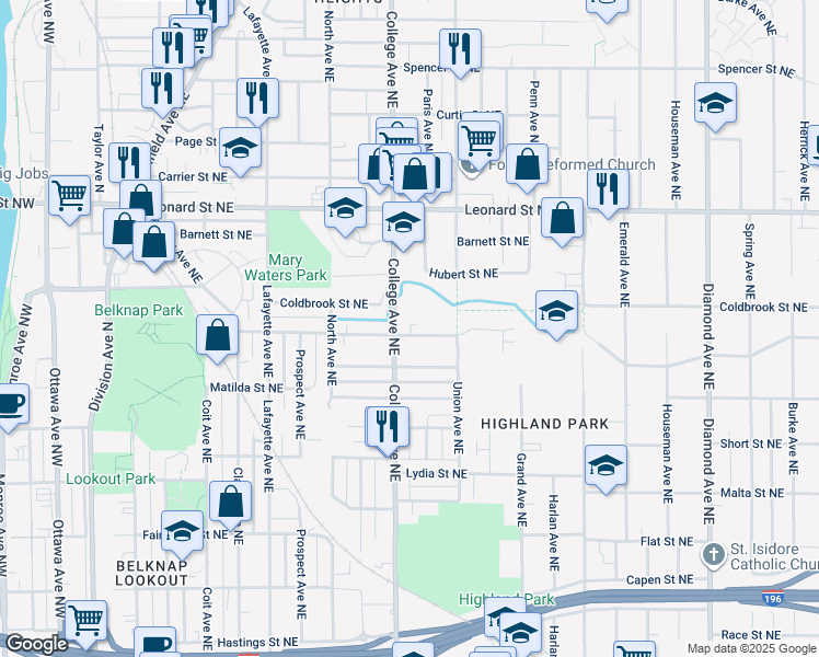 map of restaurants, bars, coffee shops, grocery stores, and more near 527 Cedar Street Northeast in Grand Rapids