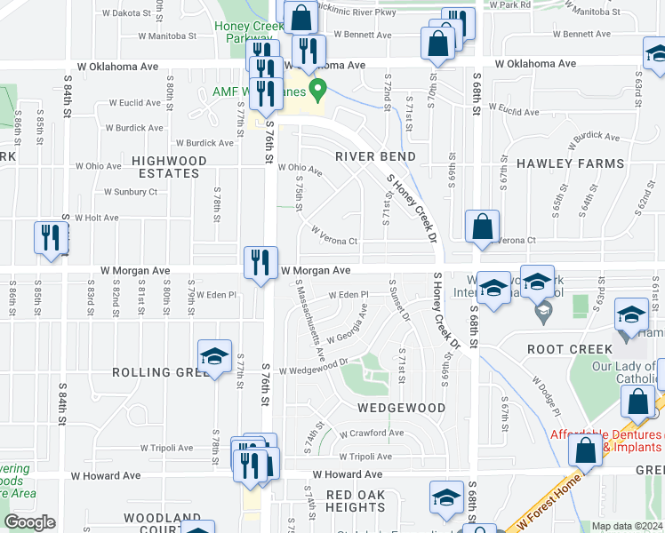 map of restaurants, bars, coffee shops, grocery stores, and more near 7404 West Morgan Avenue in Milwaukee