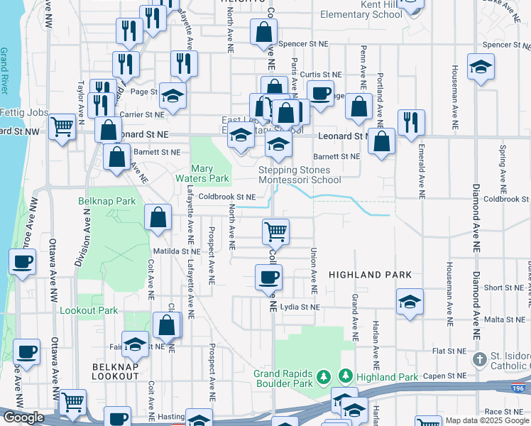 map of restaurants, bars, coffee shops, grocery stores, and more near 451 Cedar Street Northeast in Grand Rapids