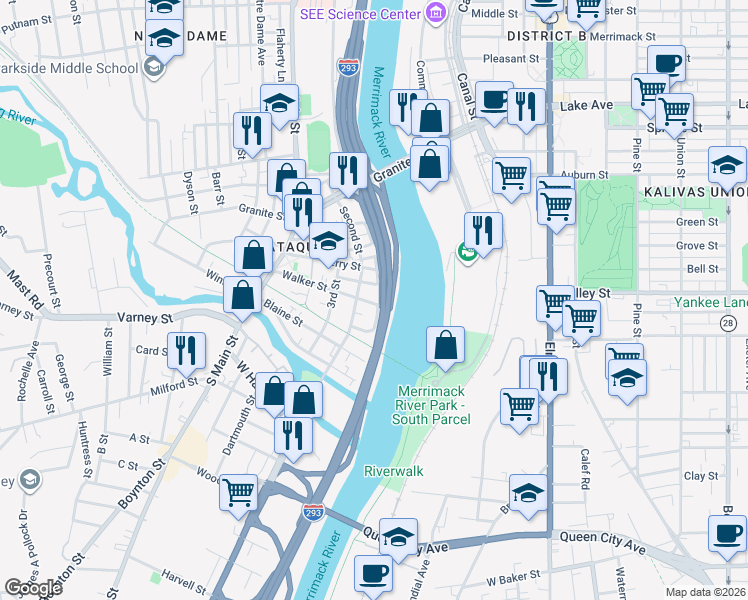map of restaurants, bars, coffee shops, grocery stores, and more near 25 Walker Street in Manchester
