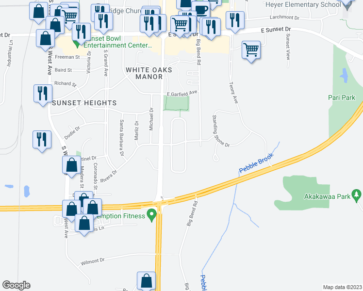map of restaurants, bars, coffee shops, grocery stores, and more near 109 East Rivera Drive in Waukesha