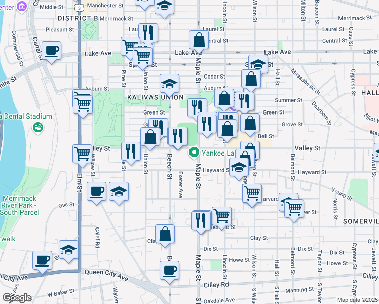 map of restaurants, bars, coffee shops, grocery stores, and more near 375 Valley Street in Manchester