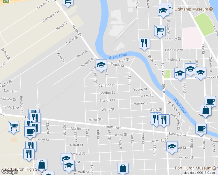 map of restaurants, bars, coffee shops, grocery stores, and more near 208 15th Street in Port Huron