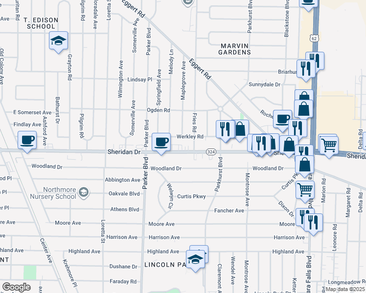map of restaurants, bars, coffee shops, grocery stores, and more near 2684 Sheridan Drive in Tonawanda