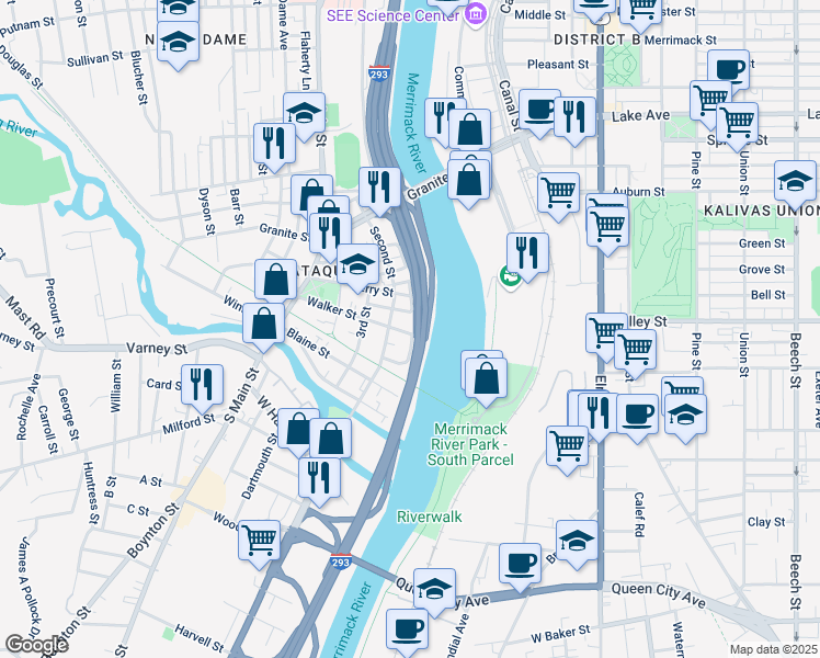 map of restaurants, bars, coffee shops, grocery stores, and more near 215 Turner Street in Manchester