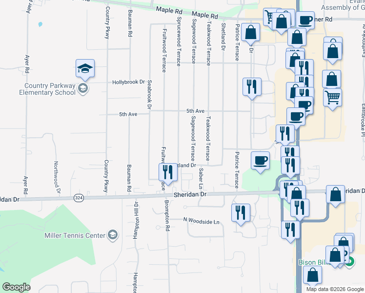 map of restaurants, bars, coffee shops, grocery stores, and more near 178 Sagewood Terrace in Buffalo