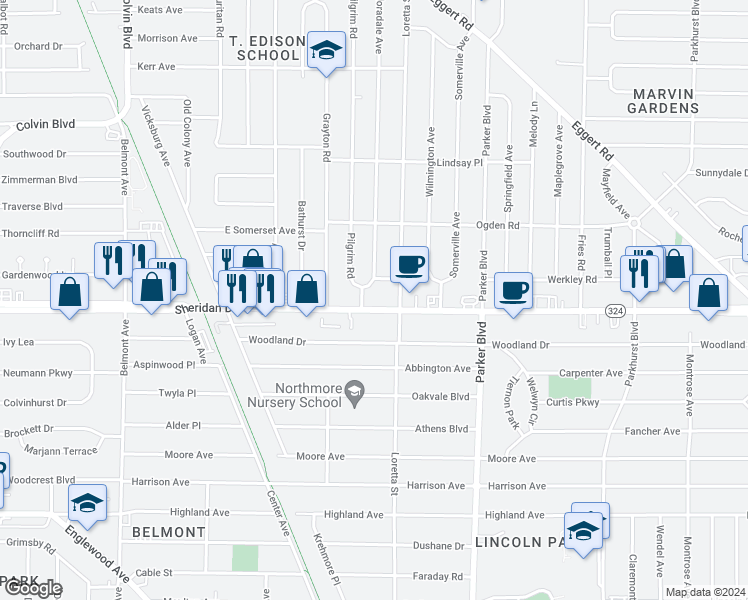 map of restaurants, bars, coffee shops, grocery stores, and more near 2470 Sheridan Drive in Tonawanda